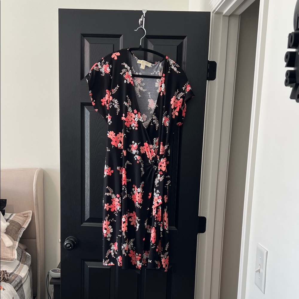Michael Kors Black and Pink Floral Midi Dress